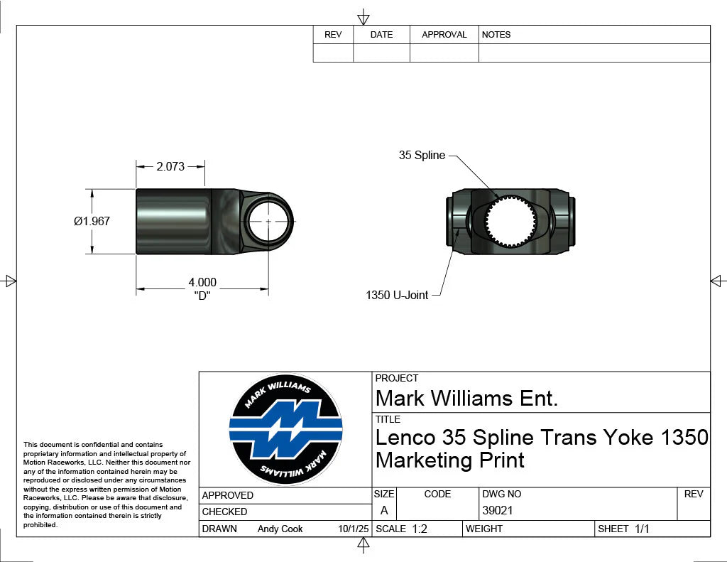 Mark Williams Lenco 1350 Series 35 Spline Transmission Slip Yoke (PN: 39021)