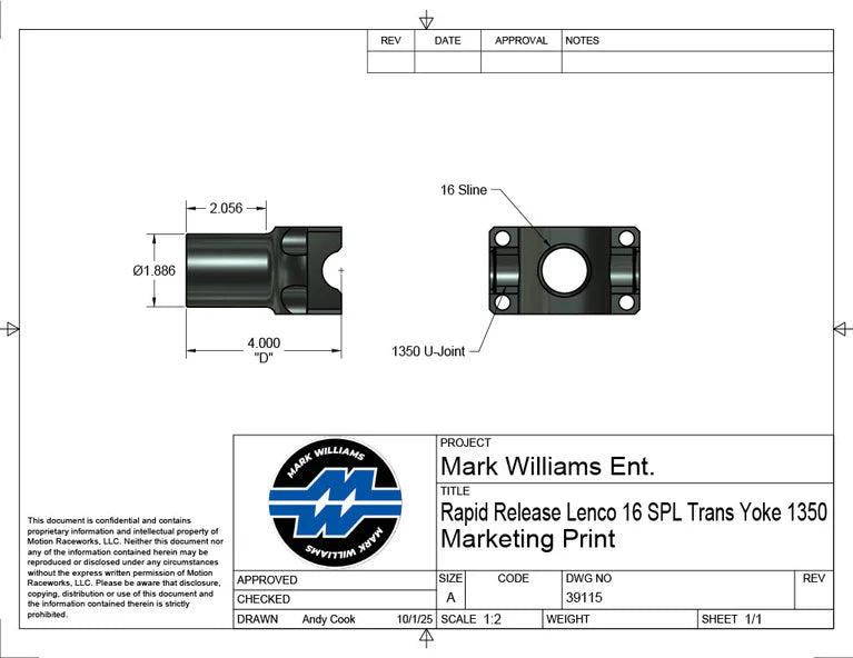 Mark Williams Lenco 1350 Series 16 Spline Transmission Slip Yoke - Quick Release (PN: 39115)