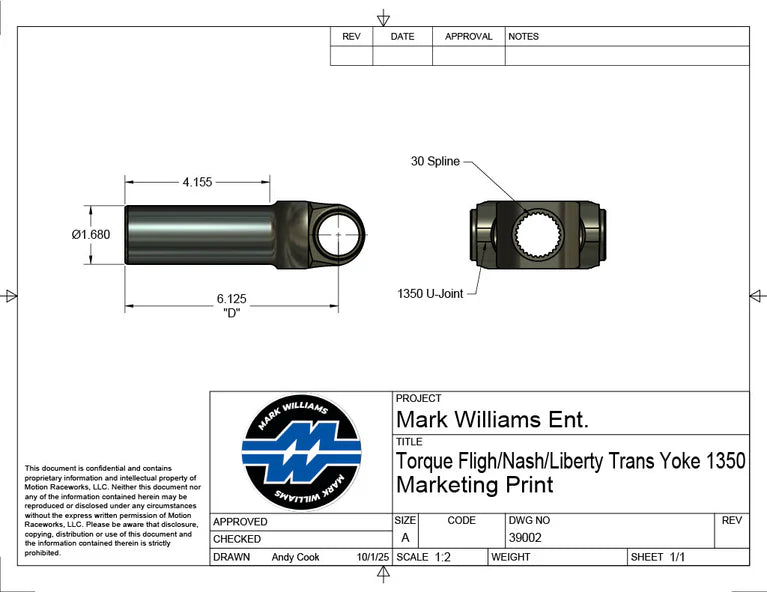 Mark Williams Mopar 1350 Series 30 Spline Transmission Slip Yoke (PN: 39002)