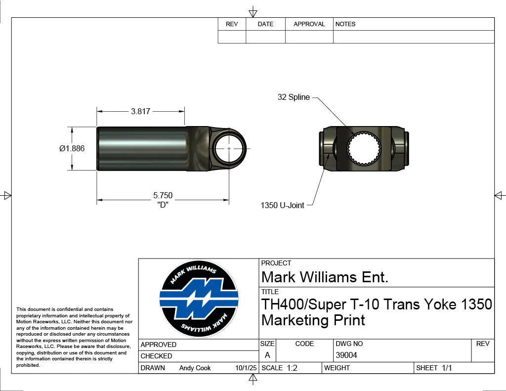 Mark Williams TH400/4L80E/GV OVERDRIVE/SUPER T-10 1350 Series 32 Spline Transmission Slip Yoke (PN: 39004)