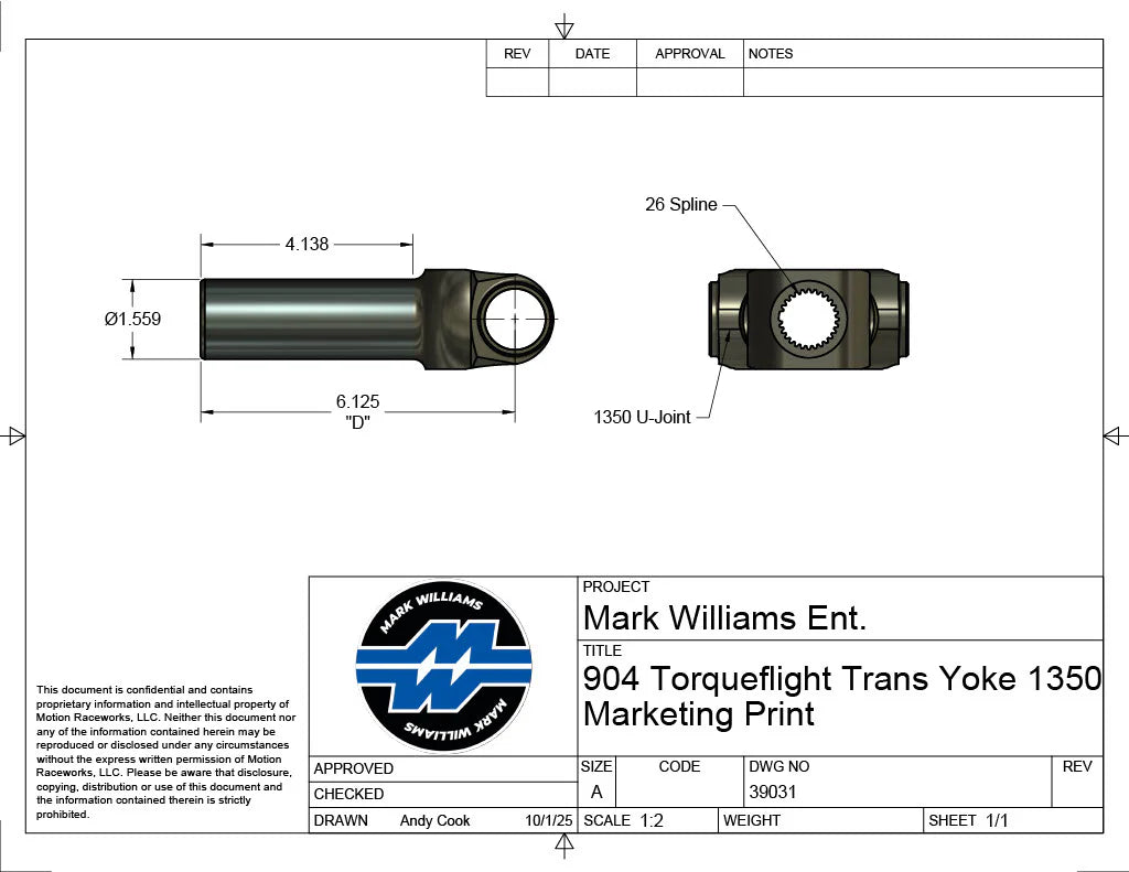 Mark Williams Mopar 904 Torque Flight 1350 Series 27 Spline Transmission Slip Yoke (PN: 39031)