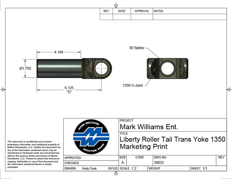 Mark Williams Liberty Roller Tail 1350 Series 30 Spline Transmission Slip Yoke (PN: 39032)