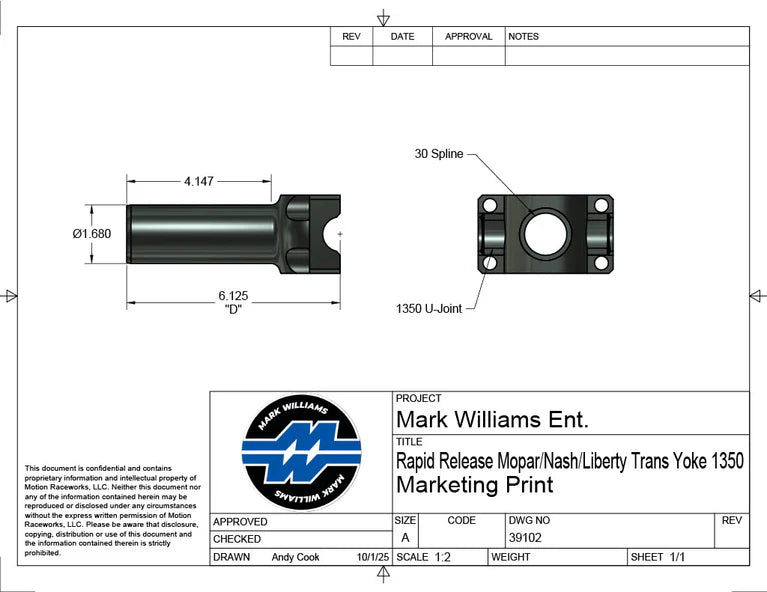 Mark Williams Mopar 1350 Series 30 Spline Transmission Slip Yoke - Quick Release (PN:39102)